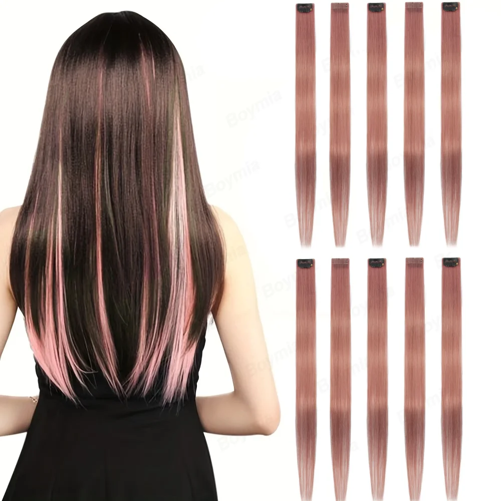 2 Pcs Pink Hair Extensions 16Inches Straight Colored Hair Colorful Clip in Extensions Highlight Party for Girls and Women Gift