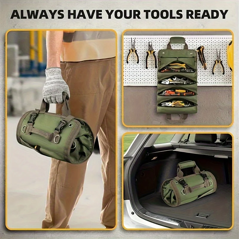 Durable Tool Storage Bag for Electricians & Mechanics, Handheld Roll-Up Design, Multiple Compartments, Adjustable Straps