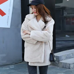 Women Trendy Street Style Loose Short Outwear Winter Ladies Faux Leather Coats Femme Pockets Soft Mink Fur Coat