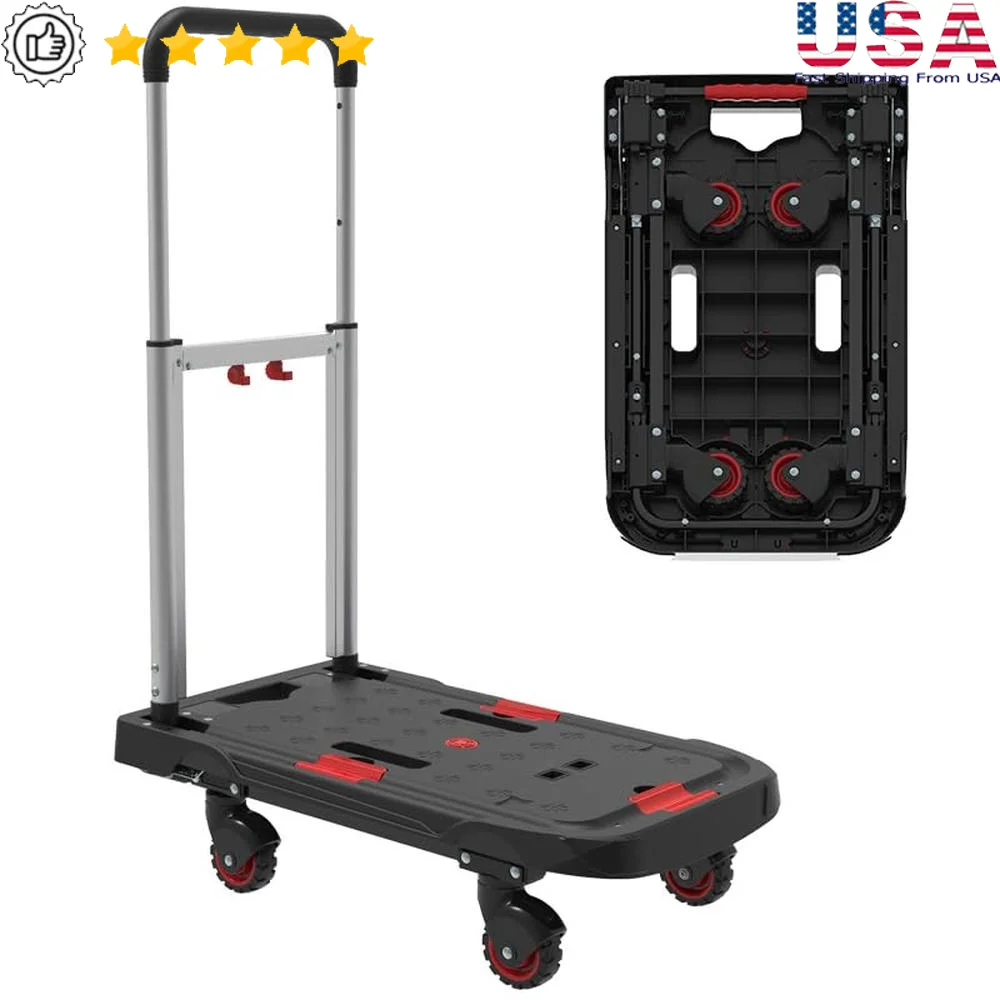 업그레이드 바퀴 4 개가 달린 휴대용 접이식 핸드 트럭, 300lbs 용량, 텔레스코핑 핸들, 쉬운 조립 컴팩트 디자인, 가정용