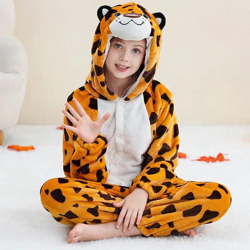 Girls Boys Winter Kigurumi Pajamas Unicorn Leopard Anime Animal Onesies Kids Sleepwear Flannel Warm Jumpsuit Children Pajamas