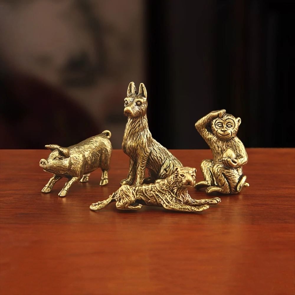 1pc Brass Twelve Zodiac Statues Chinese Style Mini Ornament DIY Tea Pets Accessories Bring Luck Fengshui Home Decor
