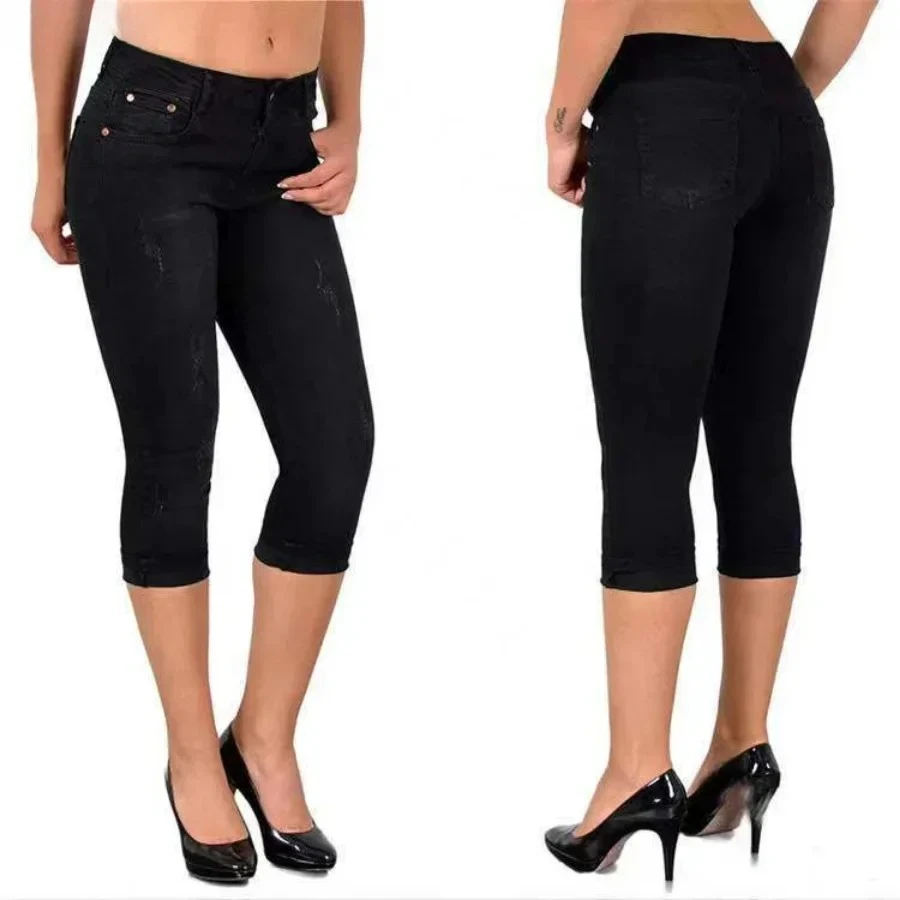 2026 Women's Summer Skinny Denim Pants Jeans Mid Waist Stretch Capri Pants Knee Length Trousers Black Blue Ladies Pencil Pants