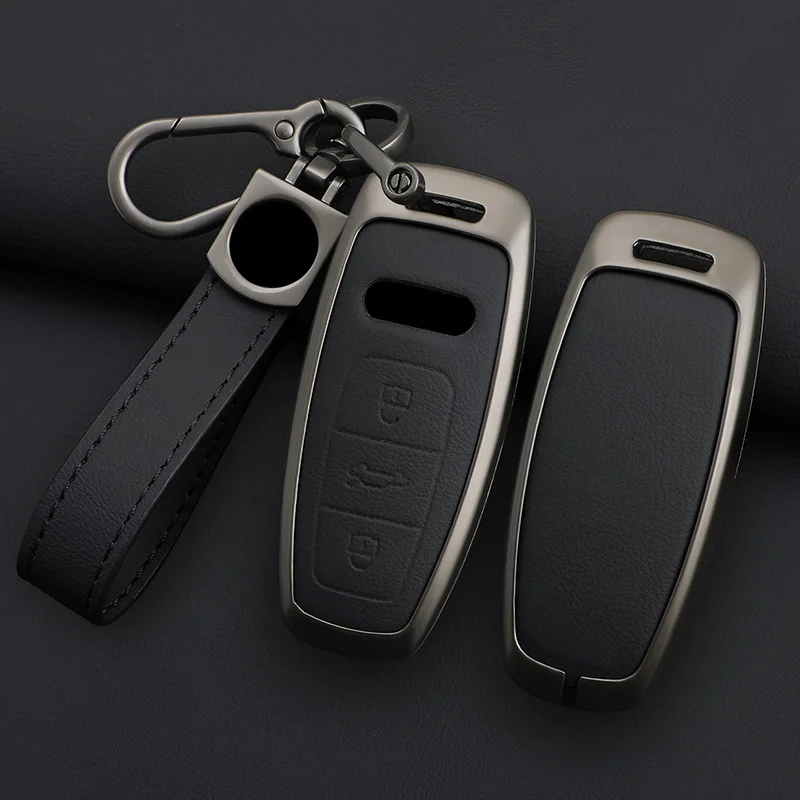 Metal Leather Car Key Case Cover For Audi A3 A4 B9 A6 A7 4K A8 E-tron Q5 Q8 C8 D5 SQ8 Protected Shell Fob Keychain Accessories