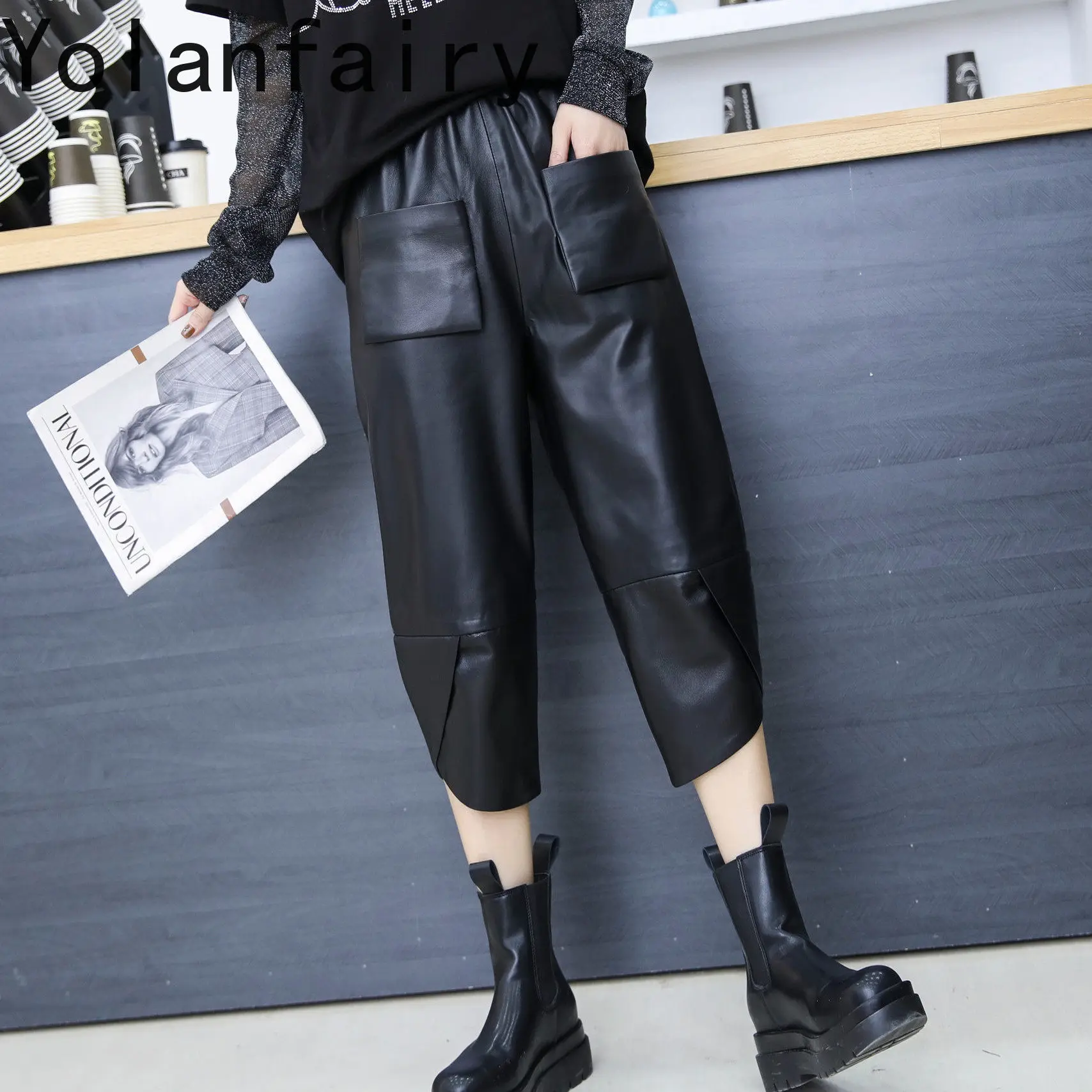 YOLANFAIRY New Fall Real Sheepskin Leather Boot Pants Women Black Elastic Waist Seven Length Harem Casual Leather Capri Trousers