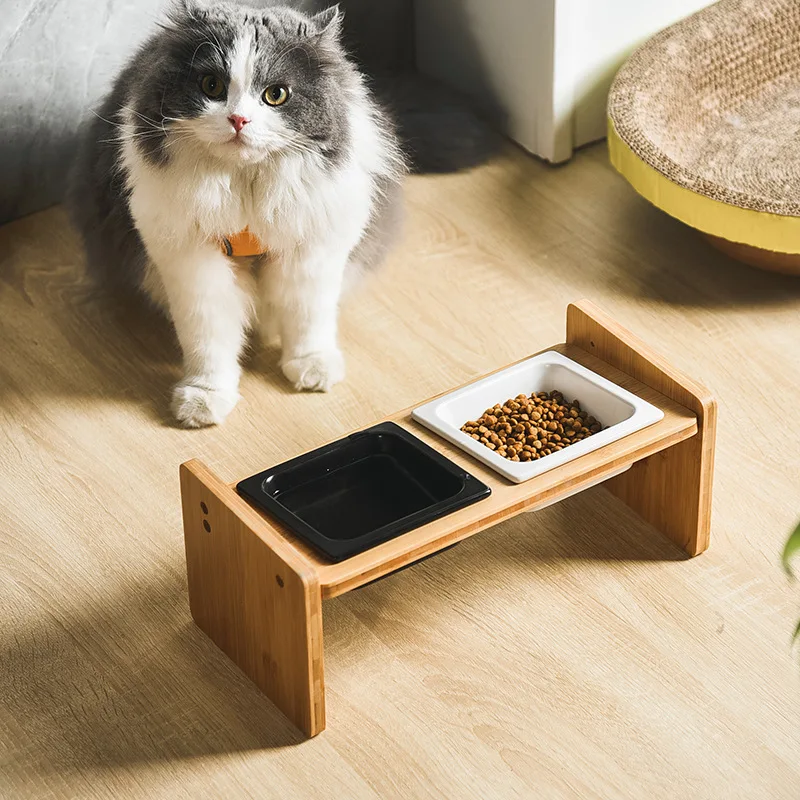 Cat Double Triple Bowls Pet Ceramic Food Water Feeders with Bamboo Stand Elevated Puppy Dogs Drinking Eating Feeding Bowl