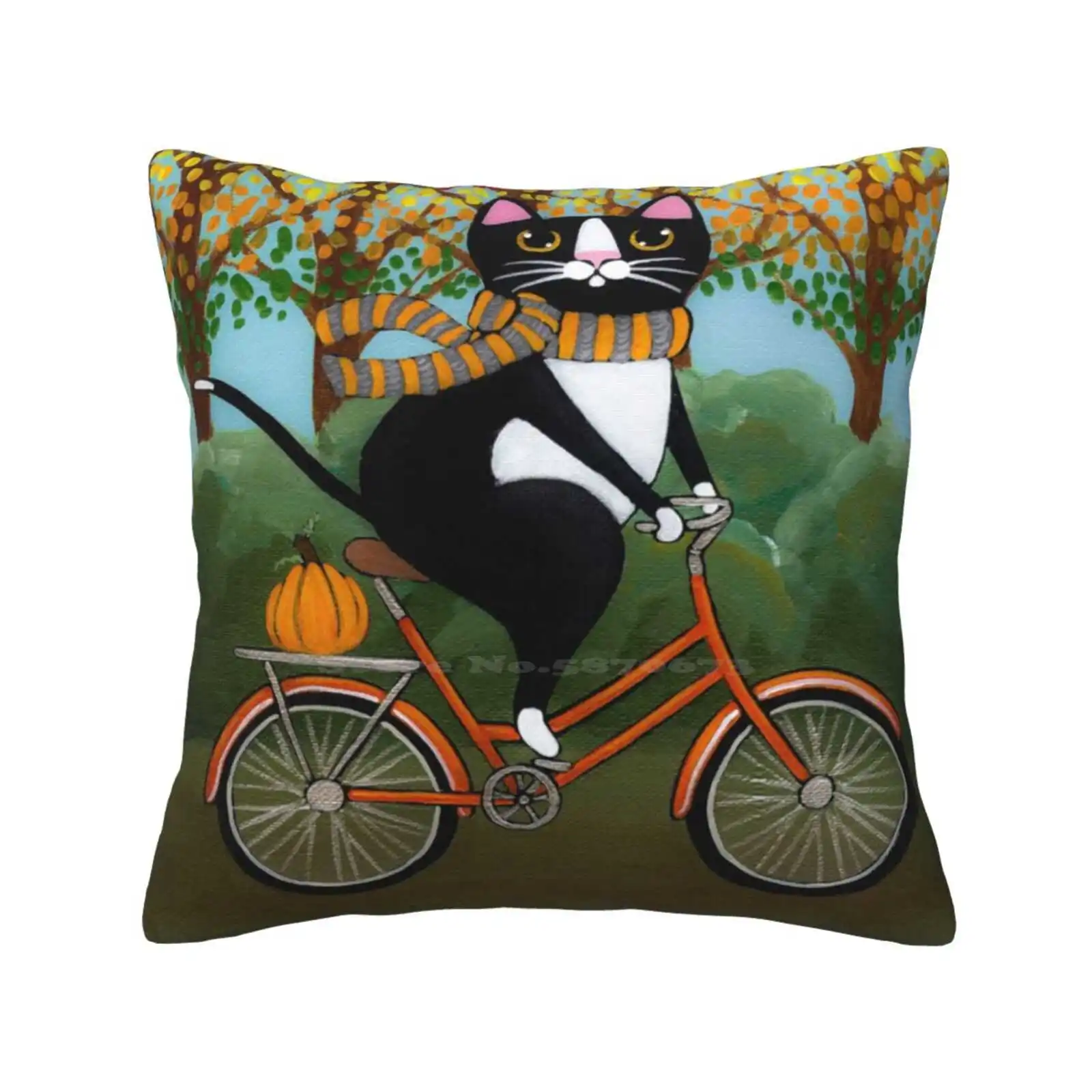 Autumn Cat On A Bicycle Fashion Sofa Throw Pillow Cover Pillowcase Folk Art Bike Pumpkin Funny Whimsical Tuxedo Cat Orange