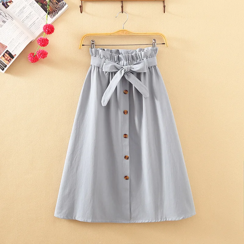 Summer Autumn Skirts Womens Midi Knee Length Korean Elegant Button High Waist Skirt Female Pleated School Skirt