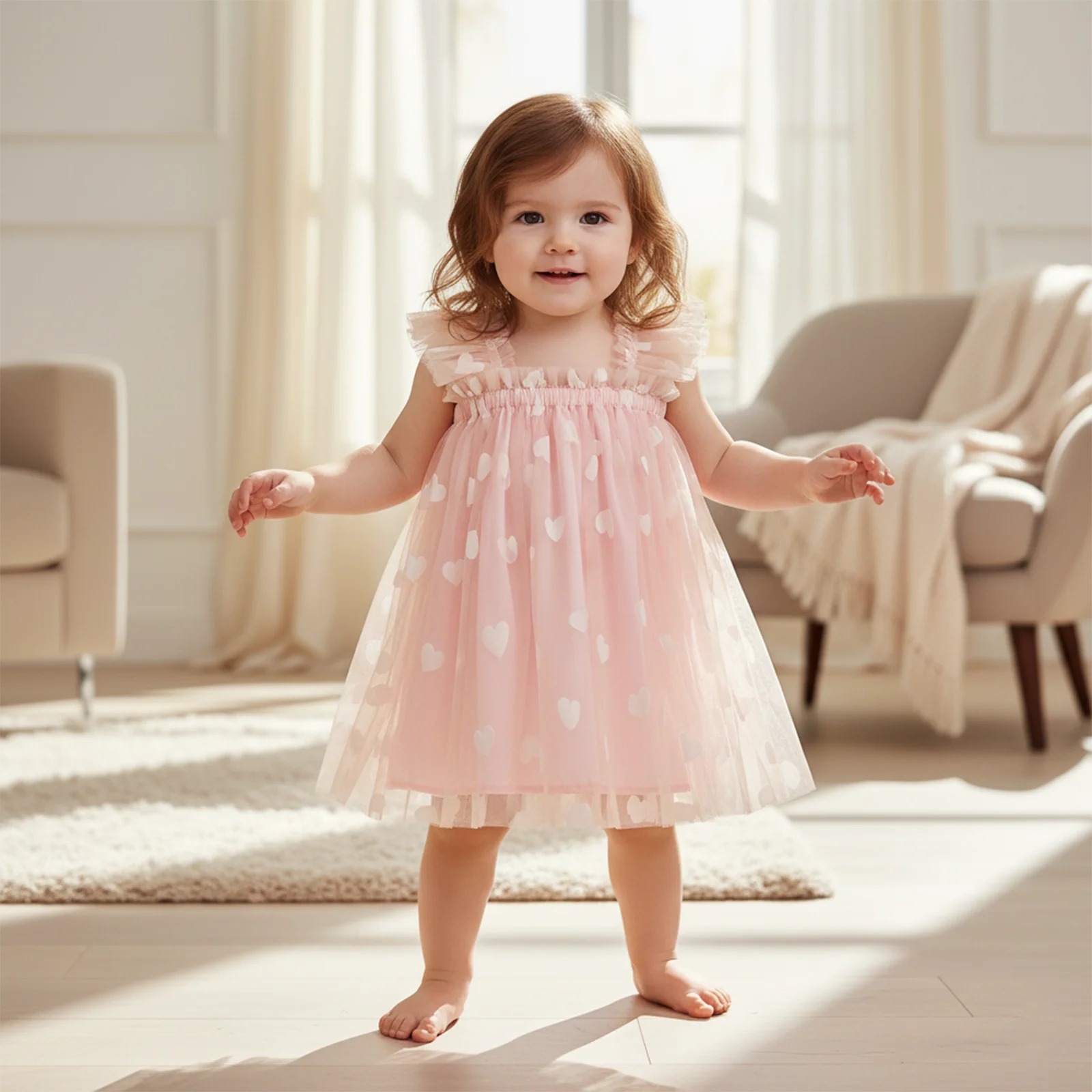 Kids Girls Valentine’s Day Heart/Bow Print Tulle Dress Flying Sleeve Square Neck Suspender A-Line Dress for Spring Summer