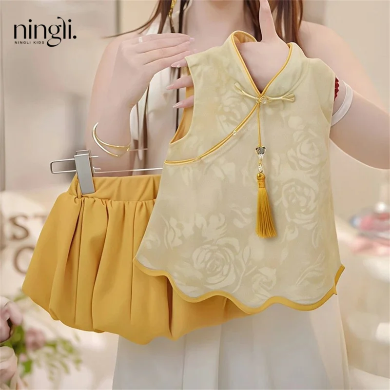

Girls' Chinese Style Outfit Summer New Baby Girl Super Cute New Chinese Style Summer Clothing Children's Hanfu Two-Piece Set