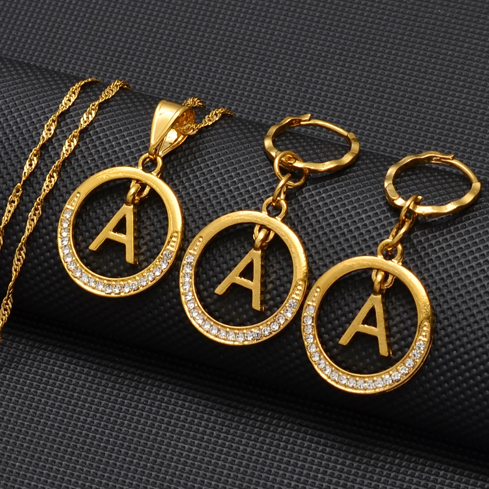 Anniyo A-Z Alphabet set Pendant Necklace and Earring set,Guam, Hawaii,African Initial Jewelry English Letters  #260306