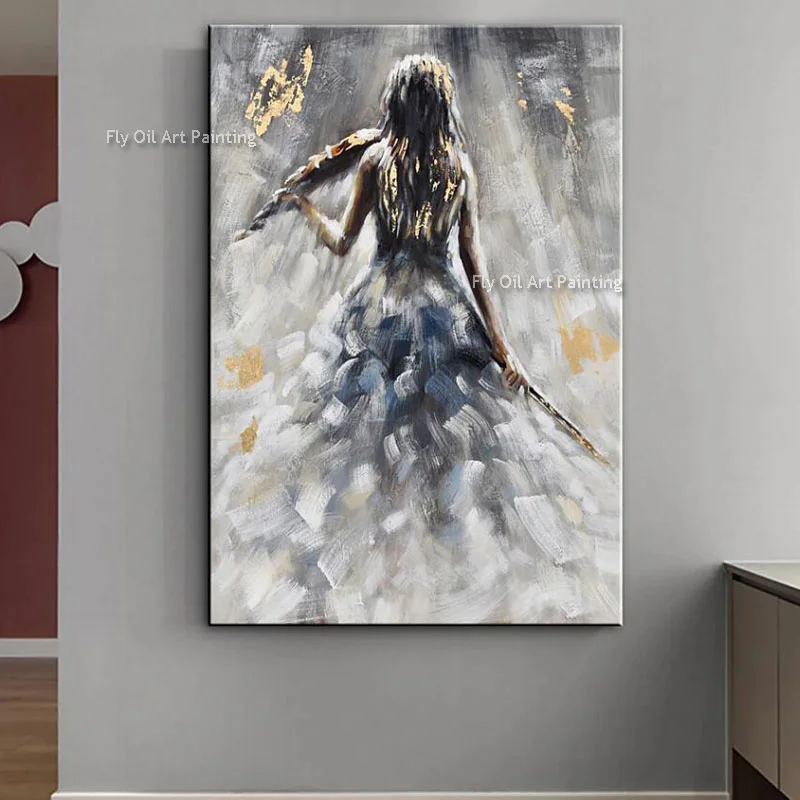 Handmade Girl Playing The Violin Canva Artwork Grey White Abstract Oil Painting Modern Elegant Gril Wall Art For Bedroom Decor