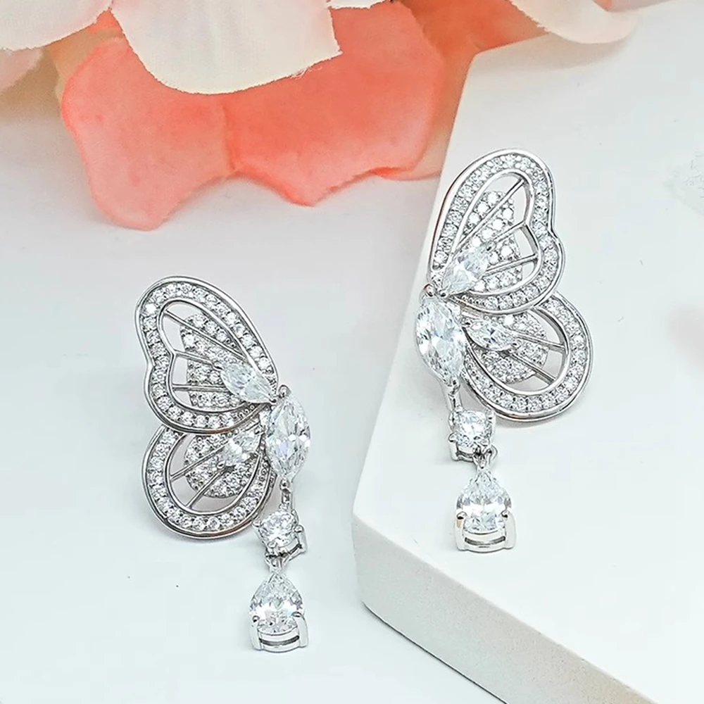 PuBang Fine Jewelry Luxury 925 Sterling Silver Created Moissanite Butterfly Drop Earrings for Women Engagement Anniversary Gifts
