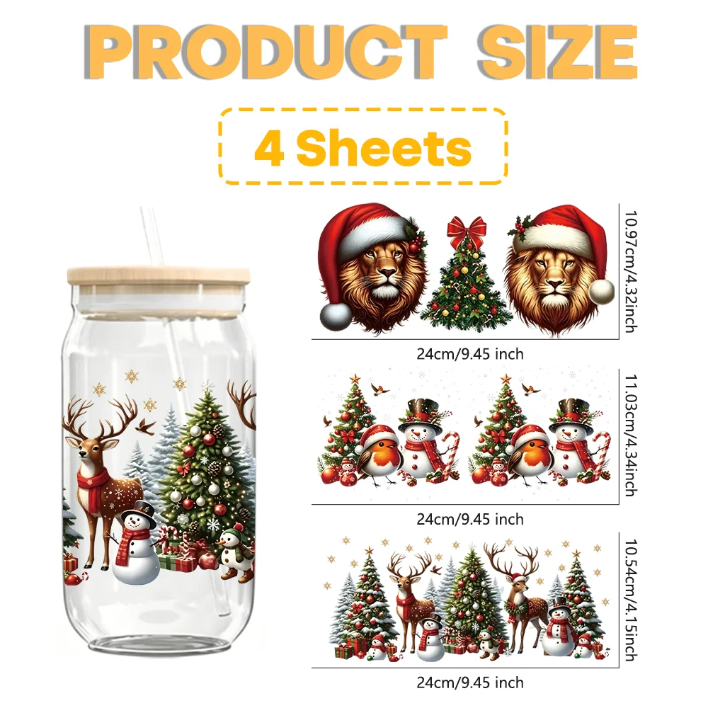 4PCS Christmas Themed UV Crystal Label Stickers, Waterproof & Wear-Resistant Decals for Water Bottle, Notebook, Phone Case More