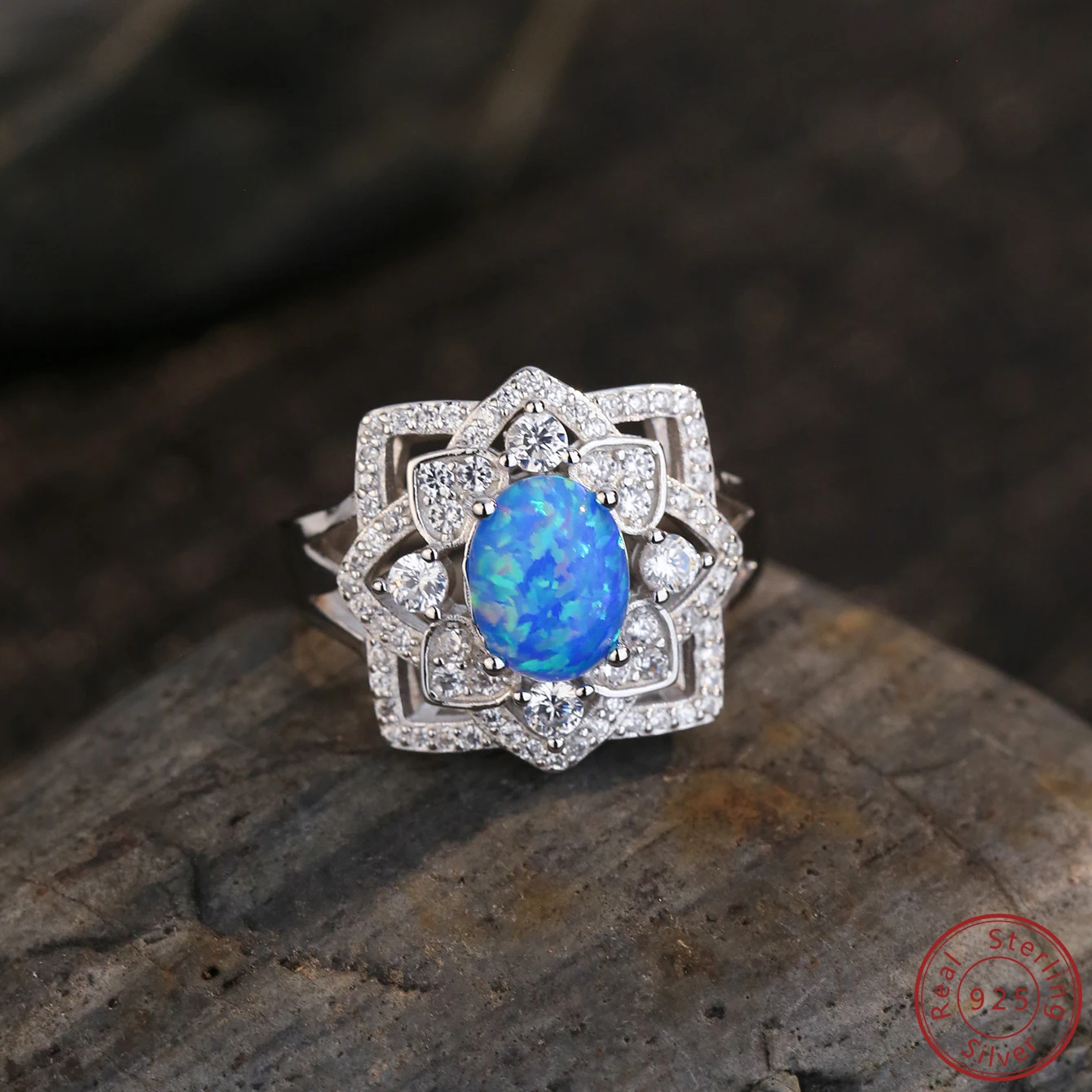 2023 Europe and America 925 Sterling Silver Ring Flower pattern Blue opal Stone With For Women Valentine\'s Day Romantic Gift