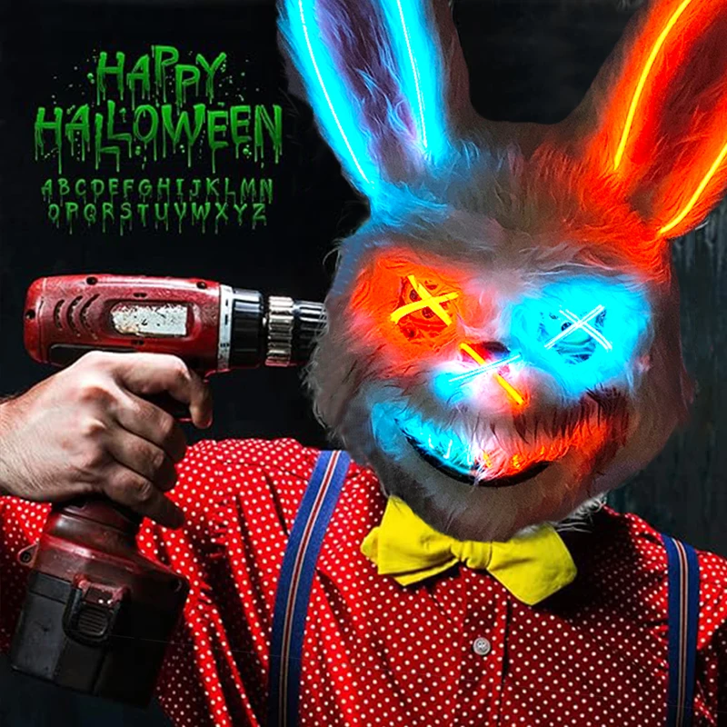 LED Bloody Rabbit Mask Horror Dance Masquerade Cosplay Decoration Cool Glowing Killer Rabbit Mask Scary Bloody Bear Mask For Men
