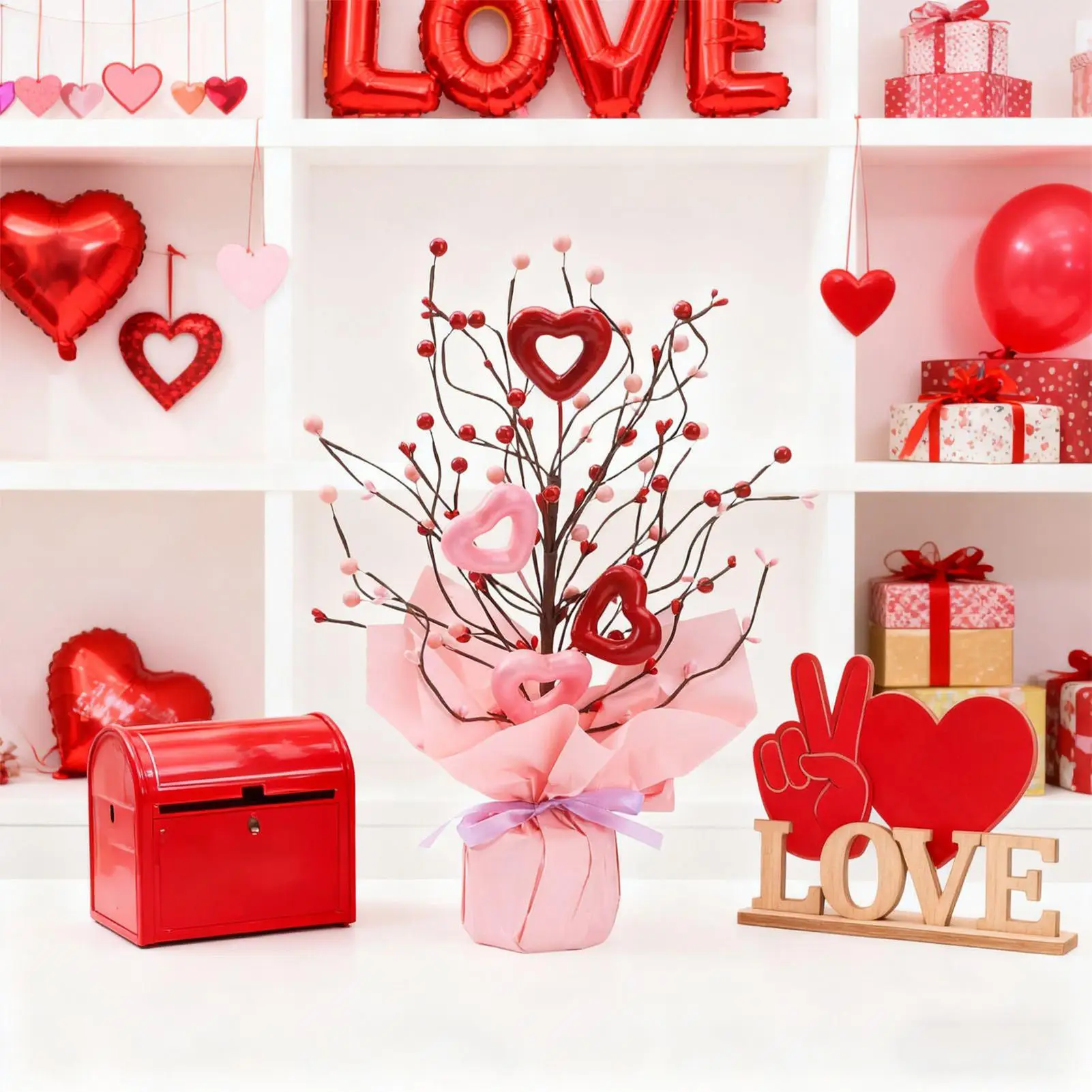 

Искусственный букет цветов ко Дню святого Валентина: красные ягоды, стебли в форме сердца, романтический декор, искусственная цветочная композиция для дома и свадьбы