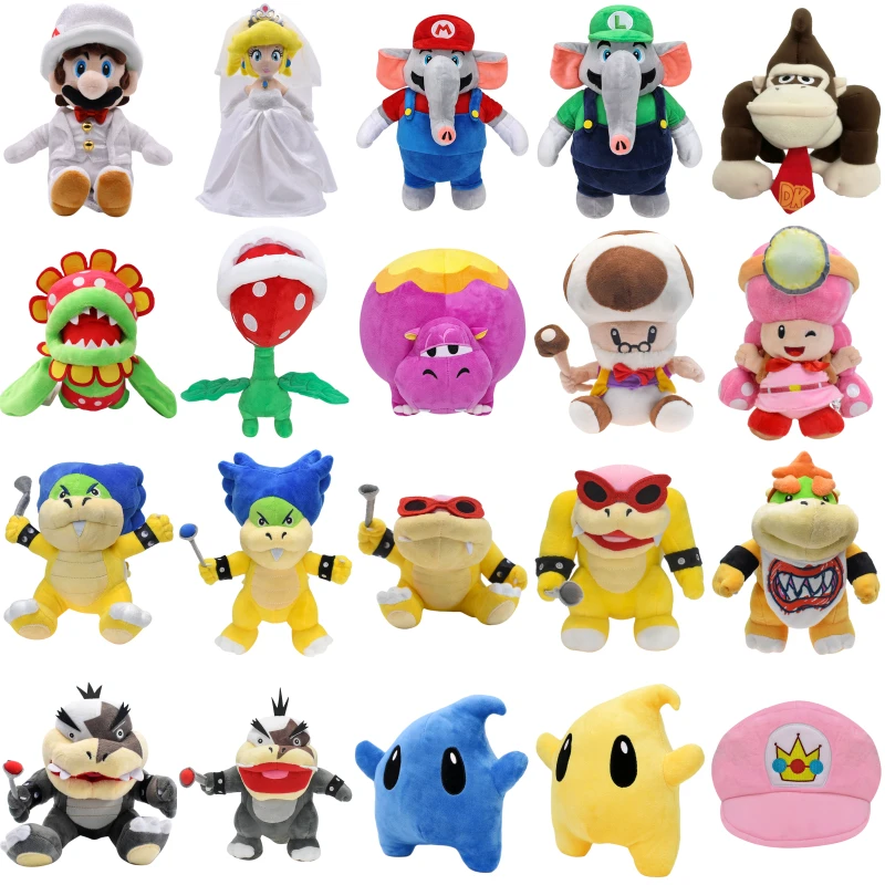 Mario Bros Luigi Bowser, JR., 24 estilos princesa pêssego chapéu de pelúcia brinquedos, Donkey Kong Roy, Morton Toadette, Ludwig Cappy Peluche