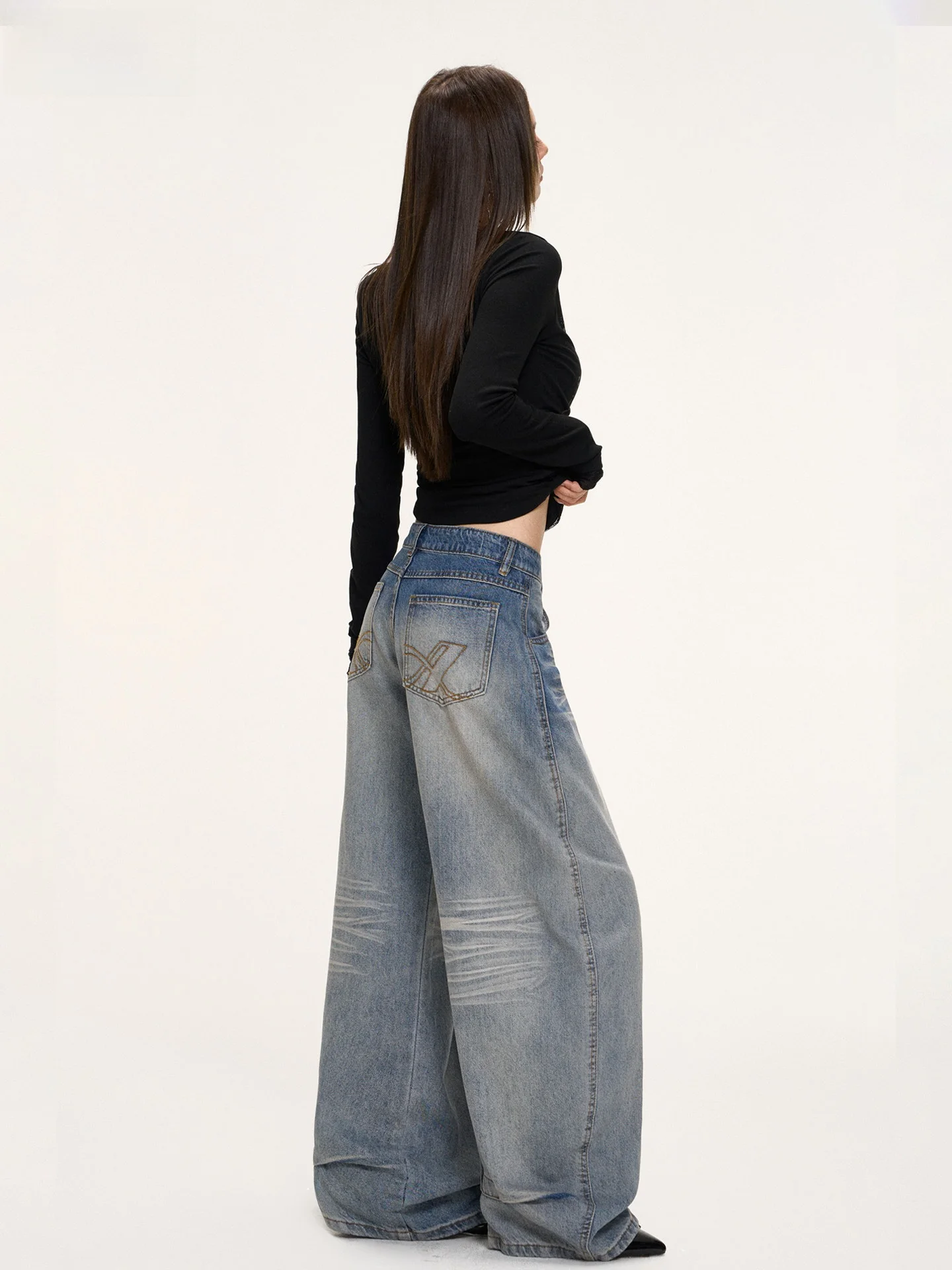 

American Style Low Waist Wide Leg Jeans Women's Loose Fit Folded Hem Torn Mustache Casual Denim Pants Spring Autumn