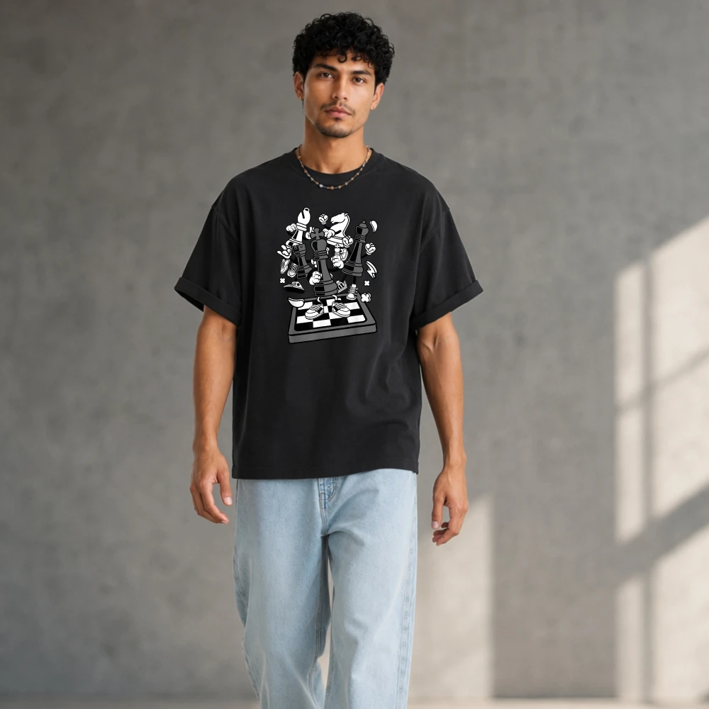 Black White Grunge Chess Pieces Board Art Print T Shirt Men Vintage Distressed Cotton Loose Chess Enthusiast Street Casual Tees
