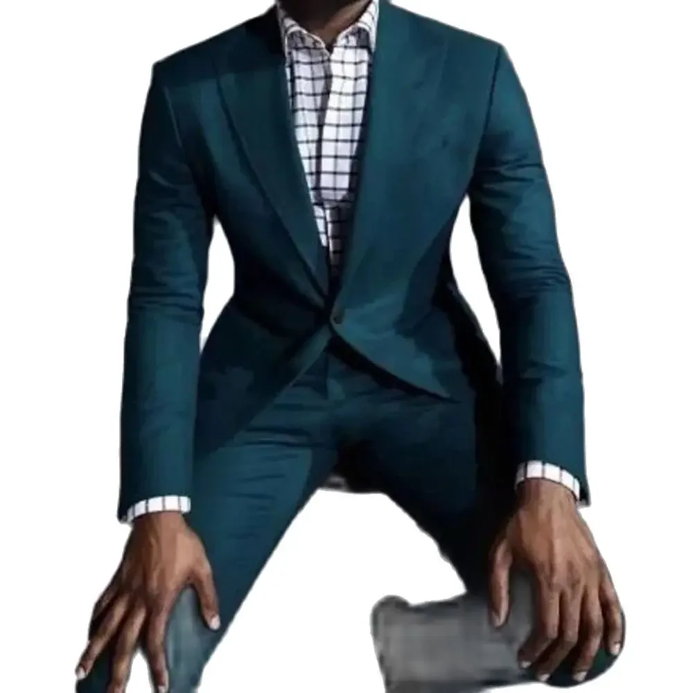 Green One Button Men Suits Green Peak Lapel Blazer Skinny Wedding Outfits Set Slim Fit 2 Piece Jacket Pants Set Costume Homme