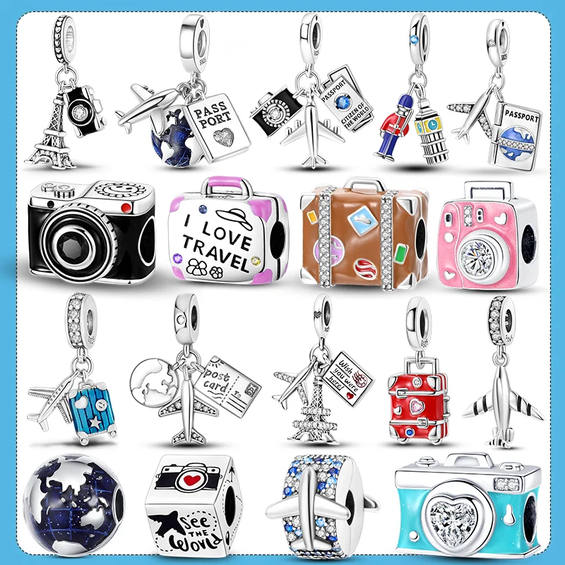 Original Charms 925 Silver Travel Series Plane Camera Handbag Pendants Beads Fit Woman Bracelet Necklace Jewelry Charms DIY Gift