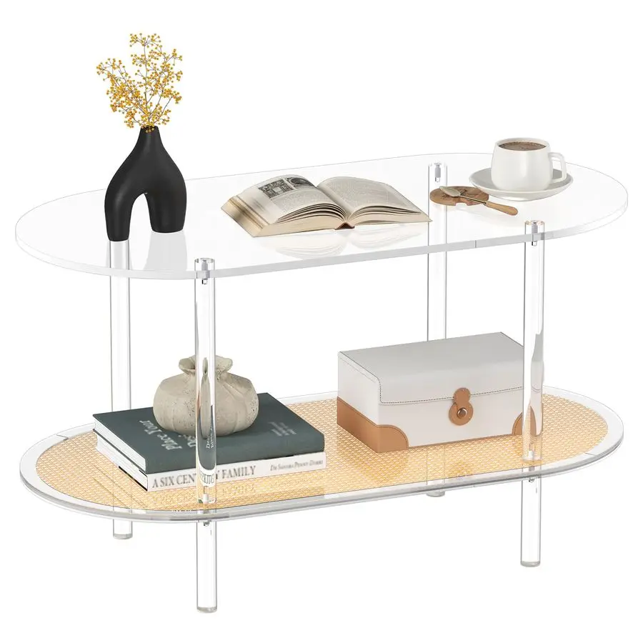 

Acrylic Coffee Table for Living Room, 2Tier Clear Rattan Center Table, Oval, Modern Low Tea Table for Bedroom Office Reception R
