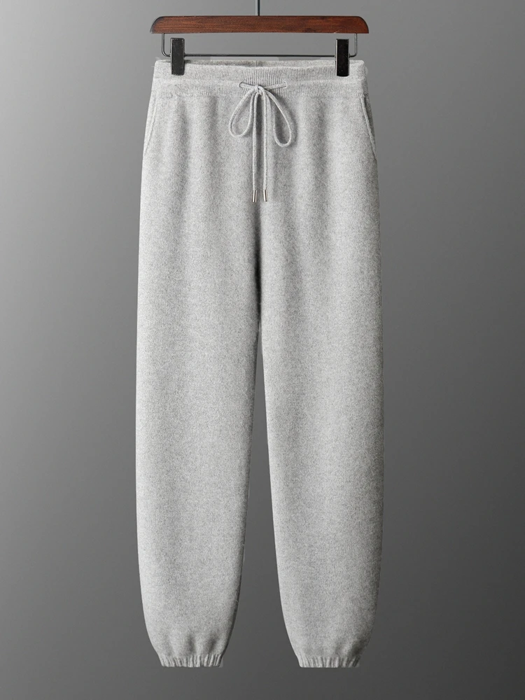 

MEETCC Autumn Winter Men's 100% Cashmere Pencil Pants Thickened Warm Leg Banded Casual Trousers Elastic Waist Cozy Cashmere Pant