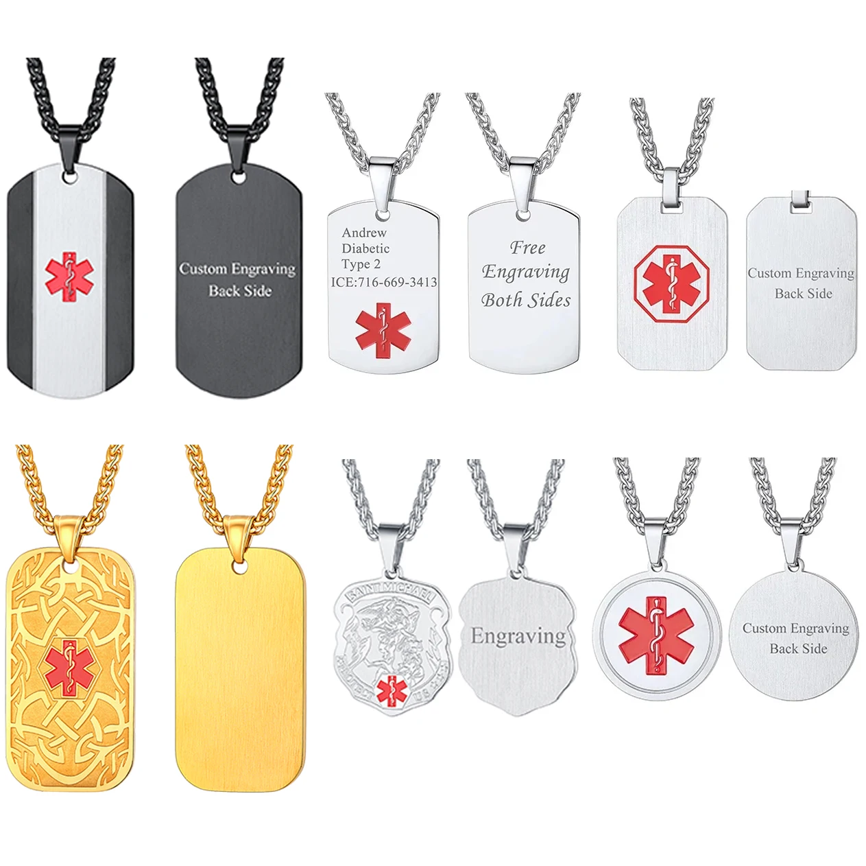 Collar con etiqueta de alerta médica para hombre y mujer, grabado de datos personalizado de acero inoxidable U7, primeros auxilios, infomación de alergias, joyería Med de emergencia