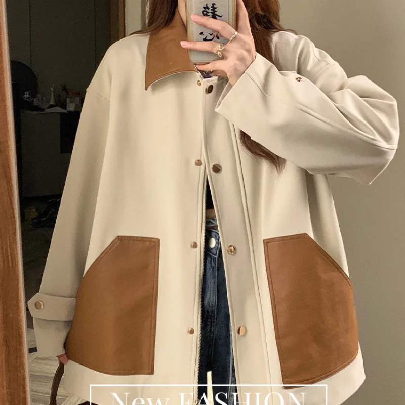 

Suede jacket for women retro jacket, contrasting color top women clothing Color blocked leather varsity jacket