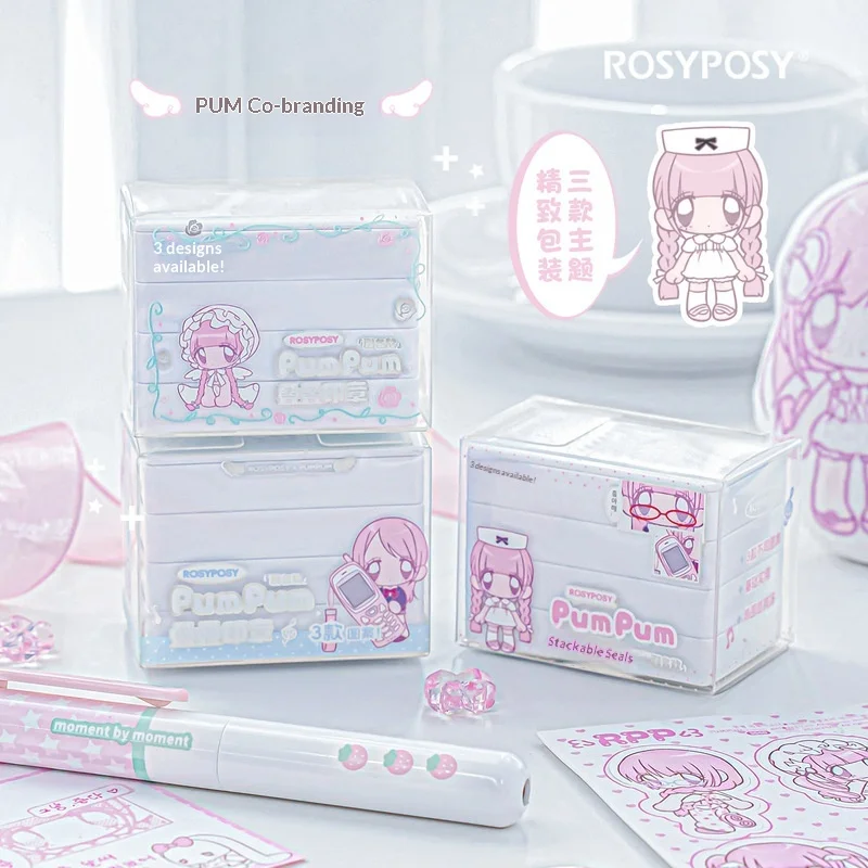 RosyPosy Pumpum Collab Niedliches Cartoon-Muster für Tagebücher, stapelbare dekorative Stempel, DIY-Scrapbook, Handkonto-Dekoration, Basteln
