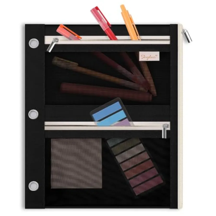

Pencil Pouch for Binder, Pencil Case, 3 Ring Binder Pencil Pouch with 3 Pockets and Mesh Window, Zipper Pencil Pouch, Durable O