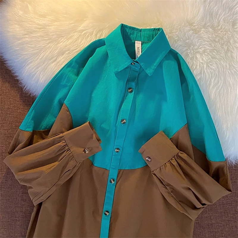 DAYIFUN American Fashion Shirts Women Contrasting Color Patchwork Design Blouses Spring Autumn Thin Ins Casual Long Sleeve Top