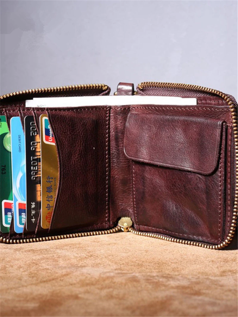 simple luxury handmade first layer cowhide men's women's zipper wallet fashion vintage genuine leather small chain coin purse