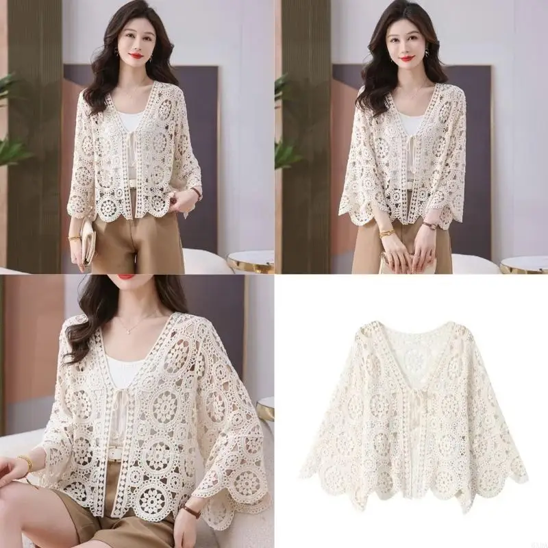 

Women Crochet Shrug Sweater Tie Front Knit Boleros Shrugs for Dresses Long Sleeve Cropped Cardigan Beach Coverups Gifts 6XDA