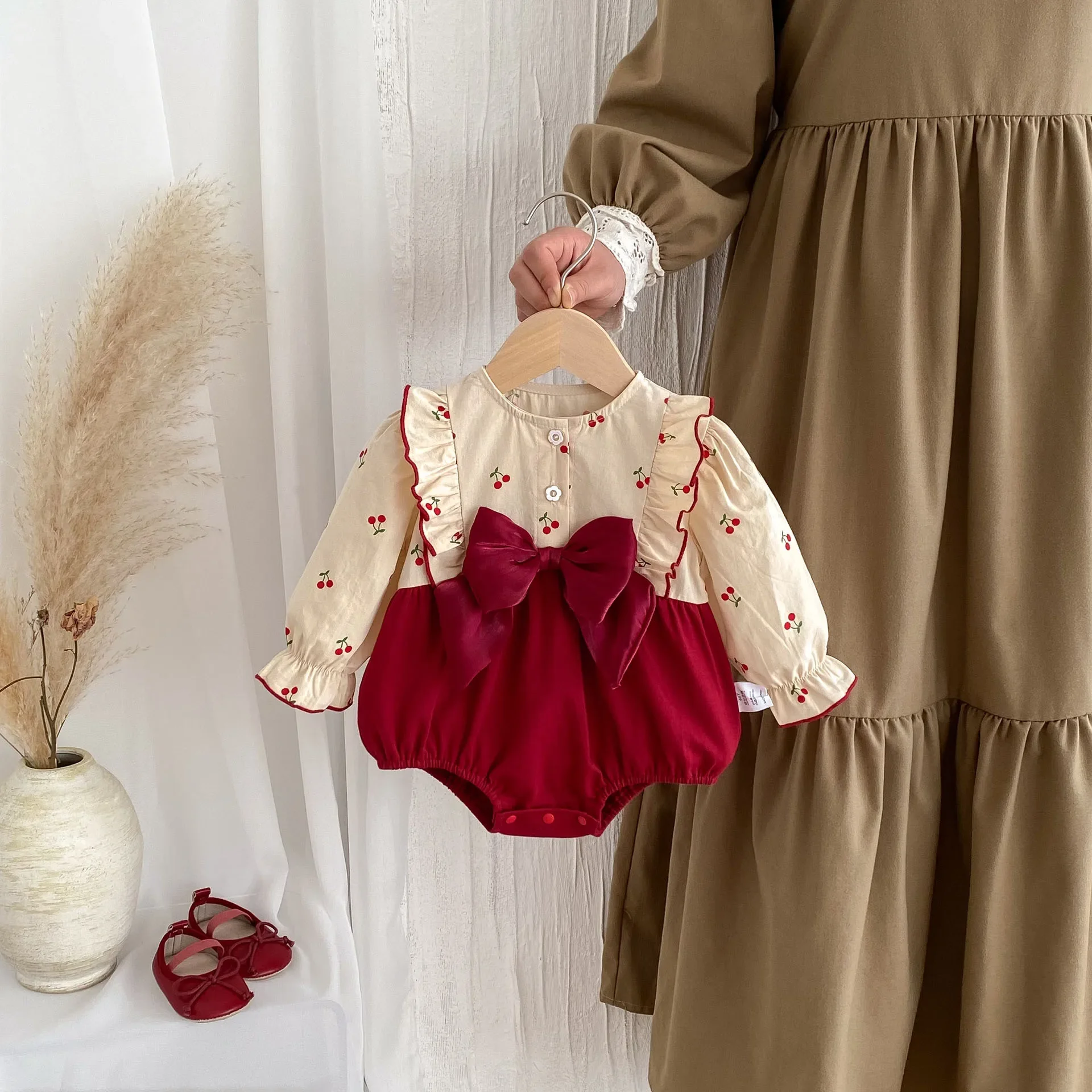 LILIGIRL Spring  Autumn Baby Girls Clothes 0-24M Infant Cute Cherry Print Bow Bodysuit Toddler Patchwork One Piece Baby Outwear