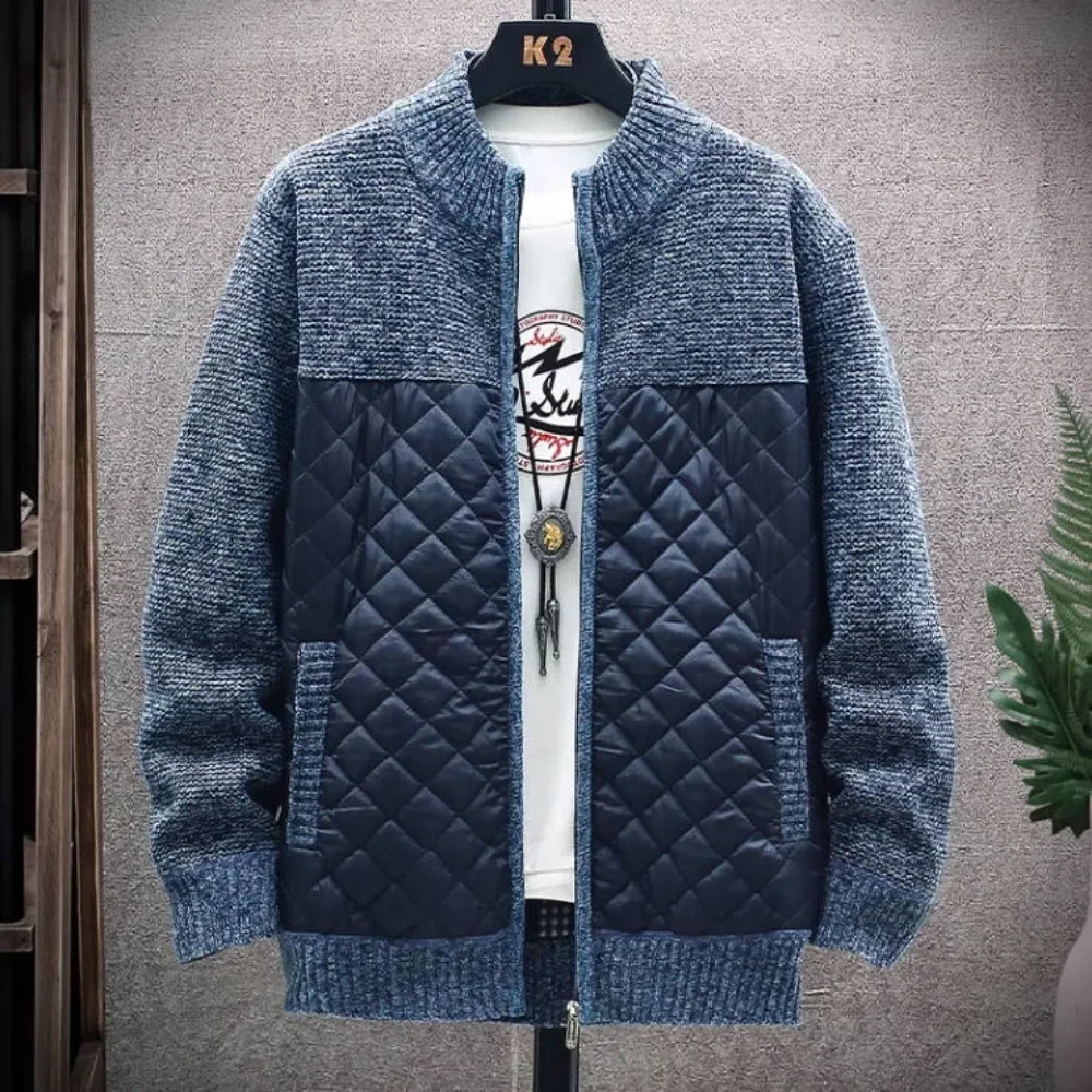 Men\'s Sweater Jacket Coat Fuzzy Lining Cardigan Warm Jacket Patchwork Thermal Sweatercoat Stand-up Collar Plus Size Clothing