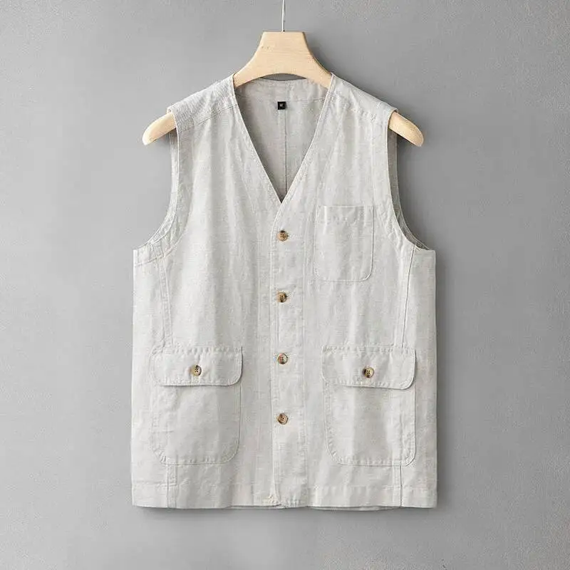 Casual Men Loose Linen Cotton Vest Japanese Retro Sold Color Multiple Pockets Workwear Sleeveless Top V-neck For Male