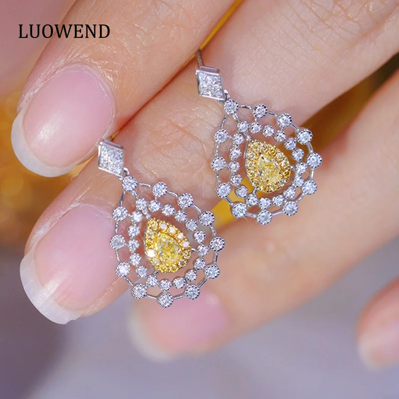 

LUOWEND 18K White Gold Earrings Vintage Palace Design Real Natural Yellow Diamond Drop Earrings for Women High Party Jewelry