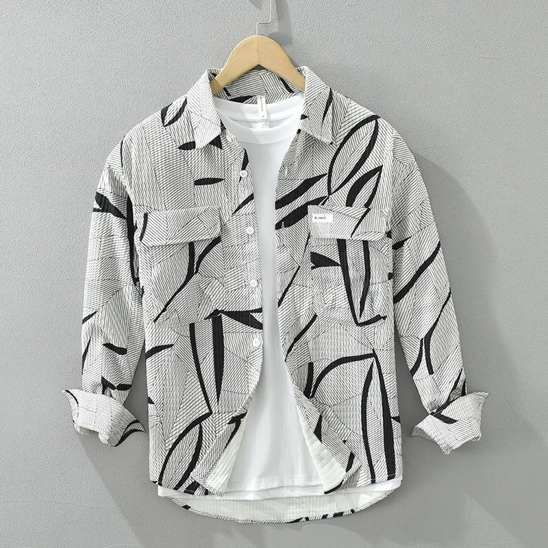 

Fashion Mens Printed Shirt Japanese Streetwear Tops Male Loose Shirts Double Pockets Long Sleeve Bubble Shirt Literary Clothing