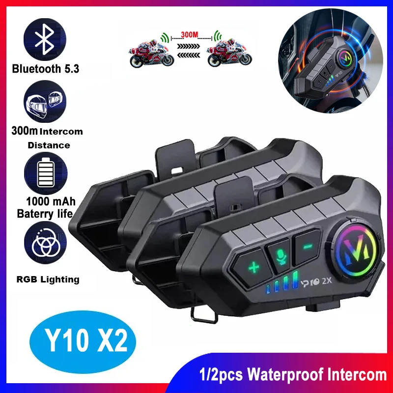 

Мотоциклетная гарнитура Y10 2X с Bluetooth 5.3 для связи между 2 райдерами, интерком на 300 м, водонепроницаемая, с функцией обмена музыкой, мото-интерком, гарнитура-интерфон