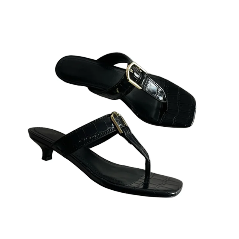

Withered Minimalist Women's Flip Flops Sandals Shoes French Fashion Ladies Cat Heel Gold Buckle Crocodile Pattern Summer Sandals