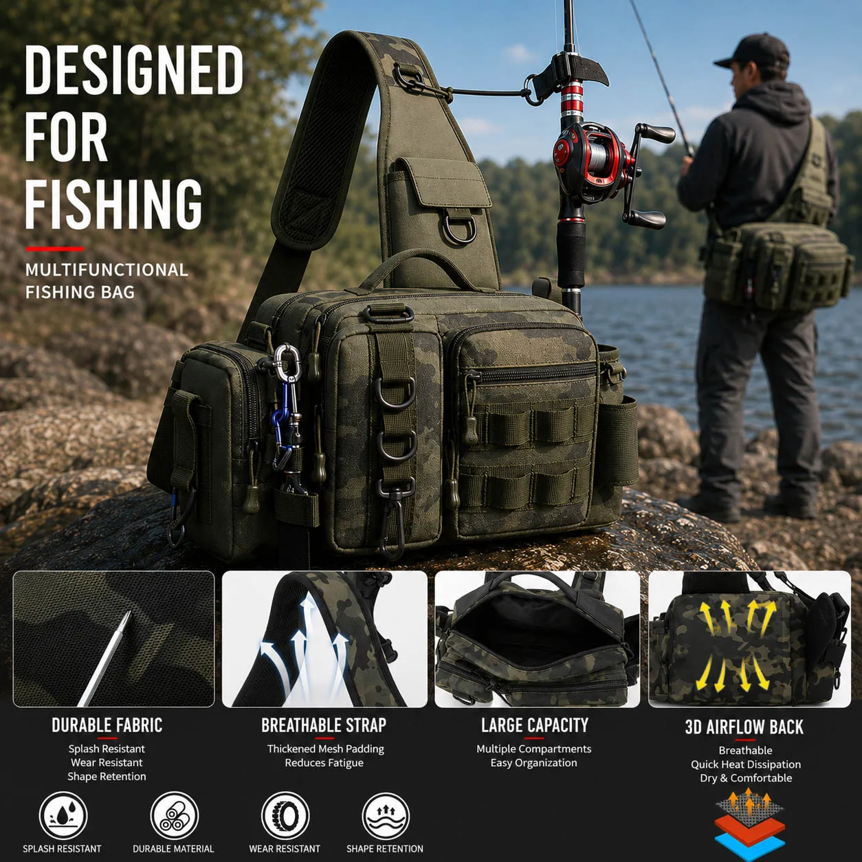 Tactical Fishing Tackle Bag Chest Sling Pack with Multiple Pockets for Lure Fishing Hiking Camping Outdoor