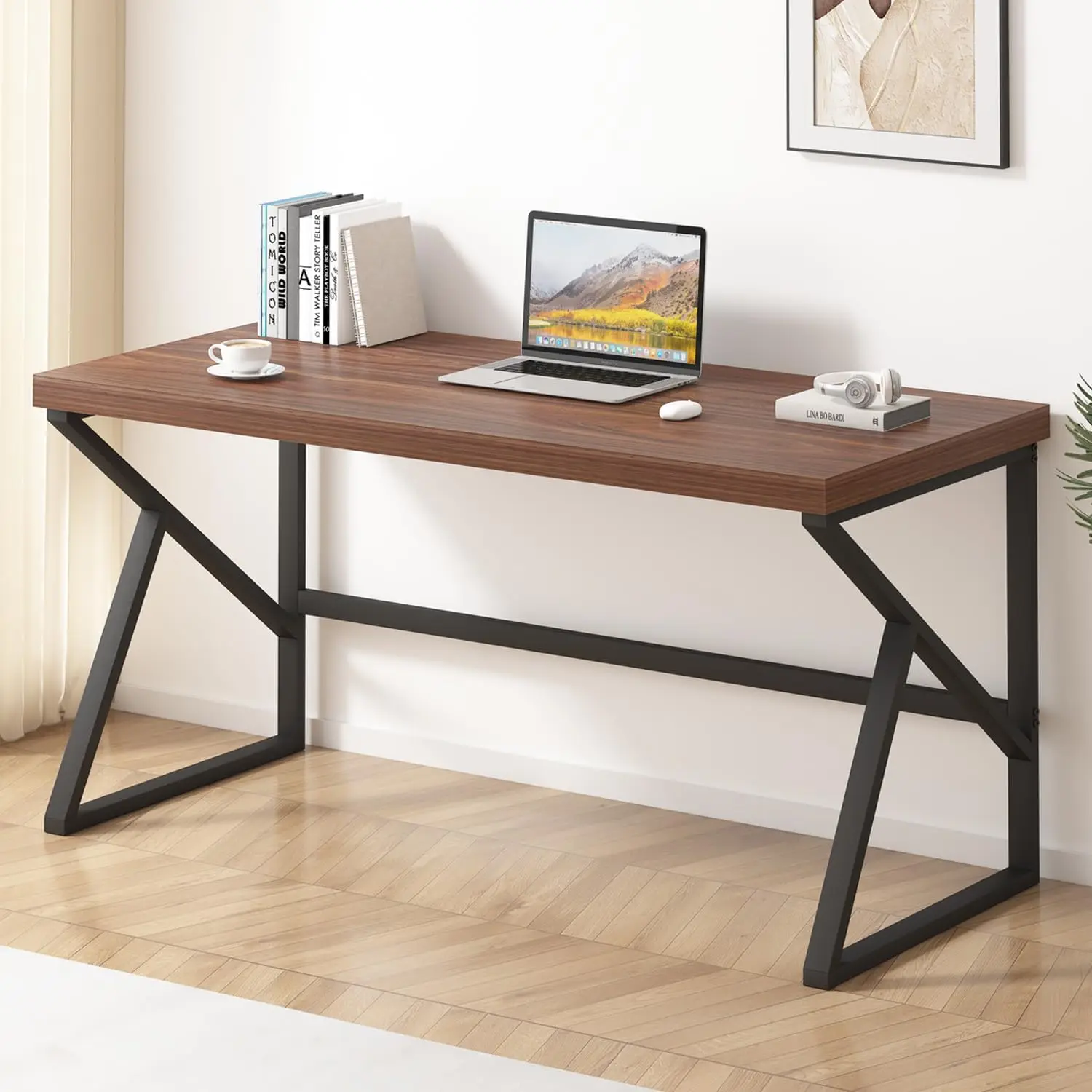 

Walnut Computer Desk, Industrial Modern Metal Wood Desk Workstation, Rustic Executive PC Laptop Work Desk Table for Home Office