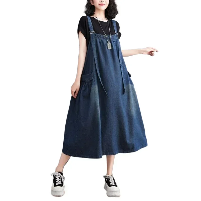 

New Loose Summer Comfortable Women's Jeans Suspenders Dress Loose Large Size Meat in Long Skirt Suspenders Skirt Women JJ287