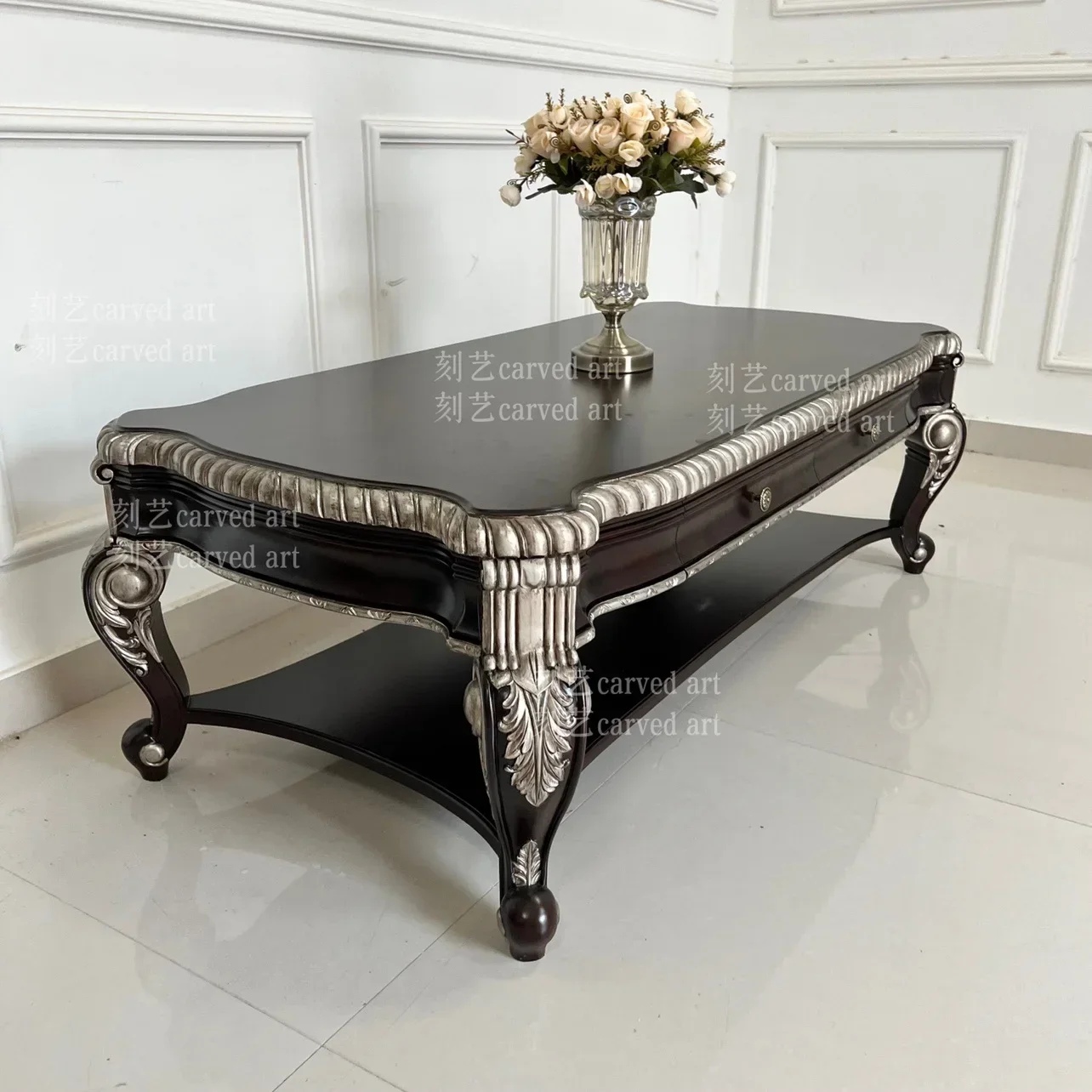Household living room rectangular coffee table European French engraved drawing silver coffee table