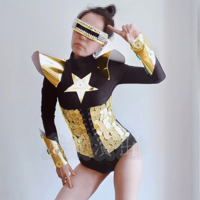 Gold Silver Mirrors Flying Shoulder Bodysuit Women Group Jazz Dance Outfit Bar DJ DS Gogo Suits Pole Dance Club Wear XS9706