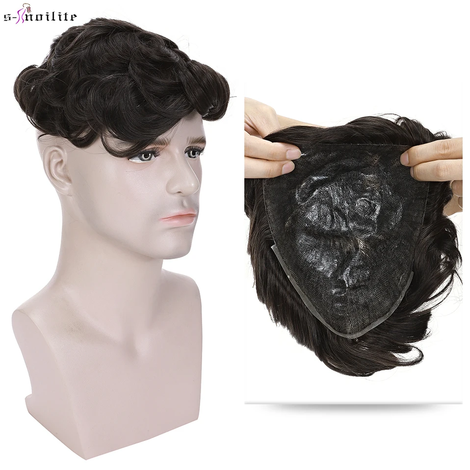 

S-noilite 0.1mm PU Toupee Men 75g Human Hair Men Wig Hair Prosthesis 6inch 130% Denstiy Natural Hair Wig Male Replacement System