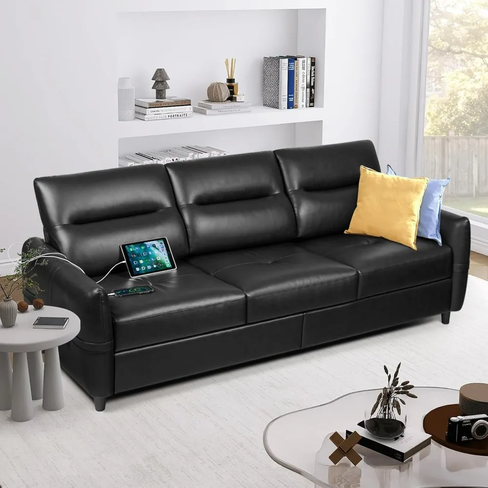 Faux Leather Sofa Black Leather Couch with USB, Mid Century Modern 3 Seater Couches Sofas Living Room,Large Office Sofa Couch