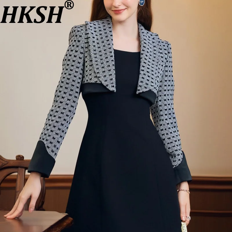 

HKSH Autumn New Women Short Blazer Velvet Patchwork Plaid Printed Elegant Temperament Y2K Stylish High Street Ins Jacket HK11016